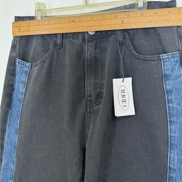 Cider NEW Denim Patchy Jeans Wide Leg Slits Stripe Flare Zip Cotton Colorblock M - Picture 12 of 15